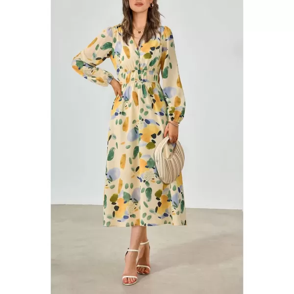 imagePRETTYGARDEN Womens 2024 Fall Boho Maxi Dress Casual Long Sleeve V Neck Printed Beach Long Flowy DressesGreen Floral