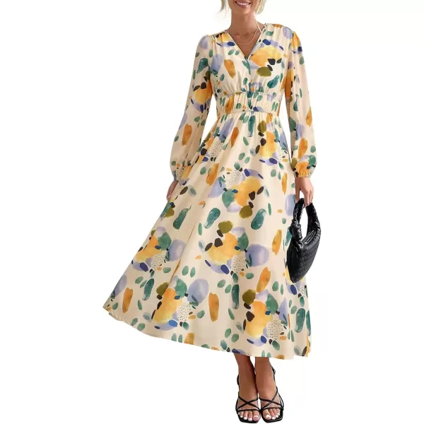 imagePRETTYGARDEN Womens 2024 Fall Boho Maxi Dress Casual Long Sleeve V Neck Printed Beach Long Flowy DressesGreen Floral