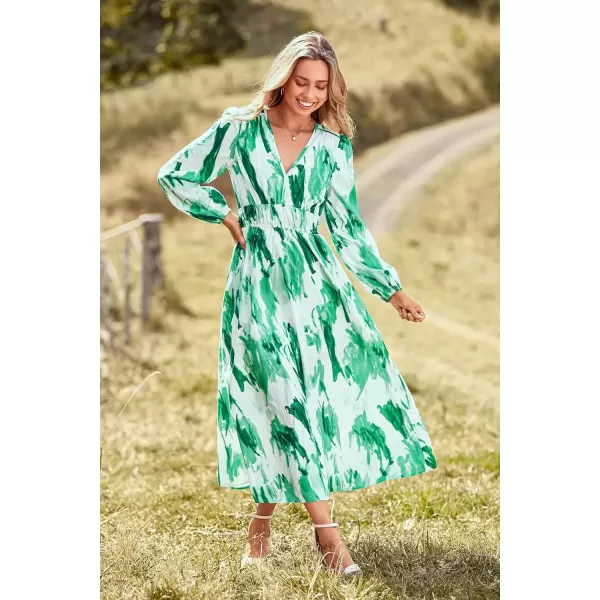 imagePRETTYGARDEN Womens 2024 Fall Boho Maxi Dress Casual Long Sleeve V Neck Printed Beach Long Flowy DressesGreen Watercolour