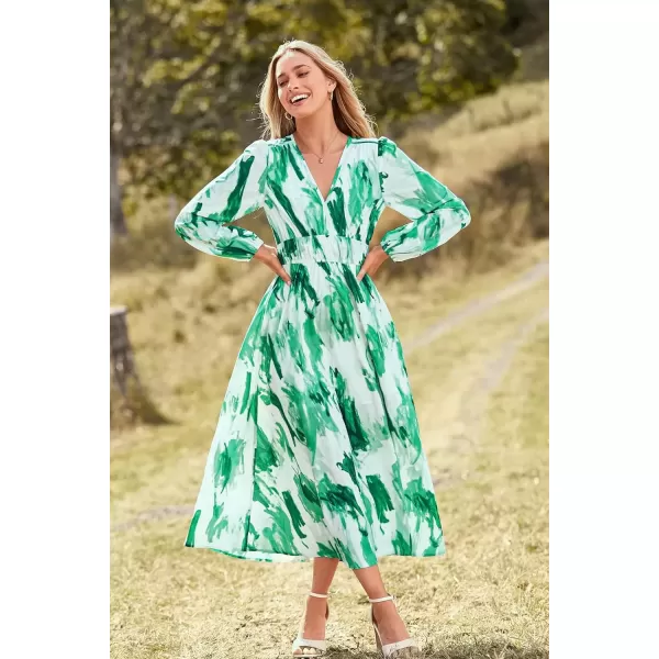imagePRETTYGARDEN Womens 2024 Fall Boho Maxi Dress Casual Long Sleeve V Neck Printed Beach Long Flowy DressesGreen Watercolour
