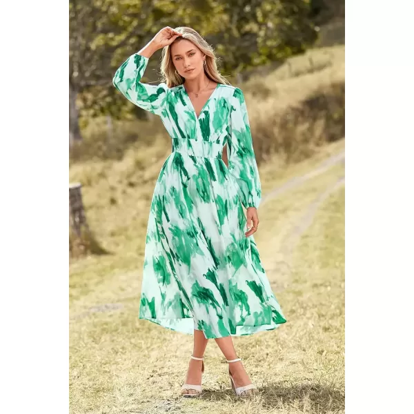 imagePRETTYGARDEN Womens 2024 Fall Boho Maxi Dress Casual Long Sleeve V Neck Printed Beach Long Flowy DressesGreen Watercolour