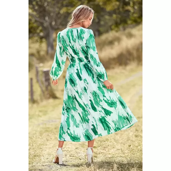 imagePRETTYGARDEN Womens 2024 Fall Boho Maxi Dress Casual Long Sleeve V Neck Printed Beach Long Flowy DressesGreen Watercolour