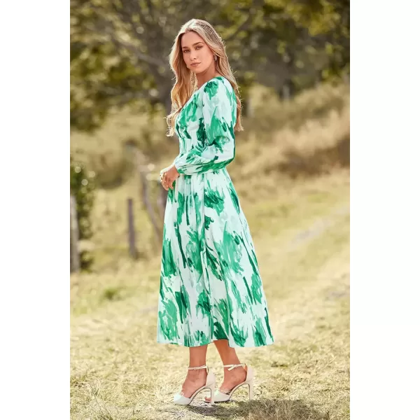 imagePRETTYGARDEN Womens 2024 Fall Boho Maxi Dress Casual Long Sleeve V Neck Printed Beach Long Flowy DressesGreen Watercolour
