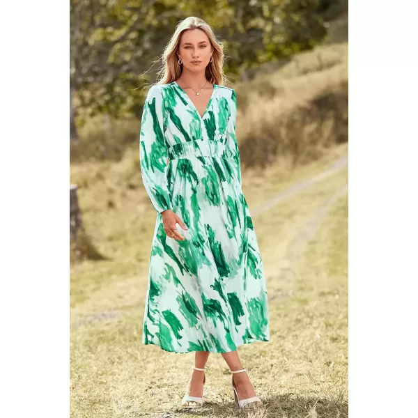 imagePRETTYGARDEN Womens 2024 Fall Boho Maxi Dress Casual Long Sleeve V Neck Printed Beach Long Flowy DressesGreen Watercolour