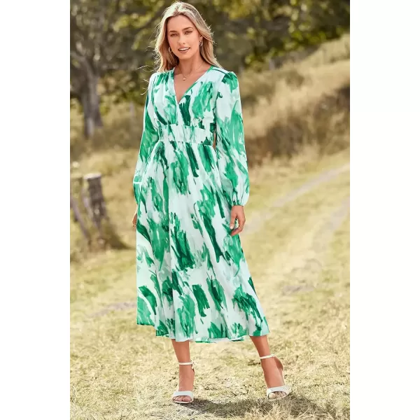 imagePRETTYGARDEN Womens 2024 Fall Boho Maxi Dress Casual Long Sleeve V Neck Printed Beach Long Flowy DressesGreen Watercolour
