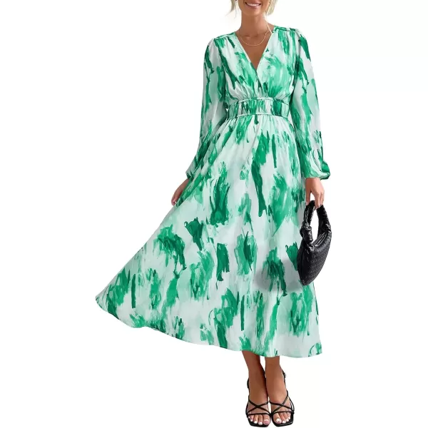 imagePRETTYGARDEN Womens 2024 Fall Boho Maxi Dress Casual Long Sleeve V Neck Printed Beach Long Flowy DressesGreen Watercolour