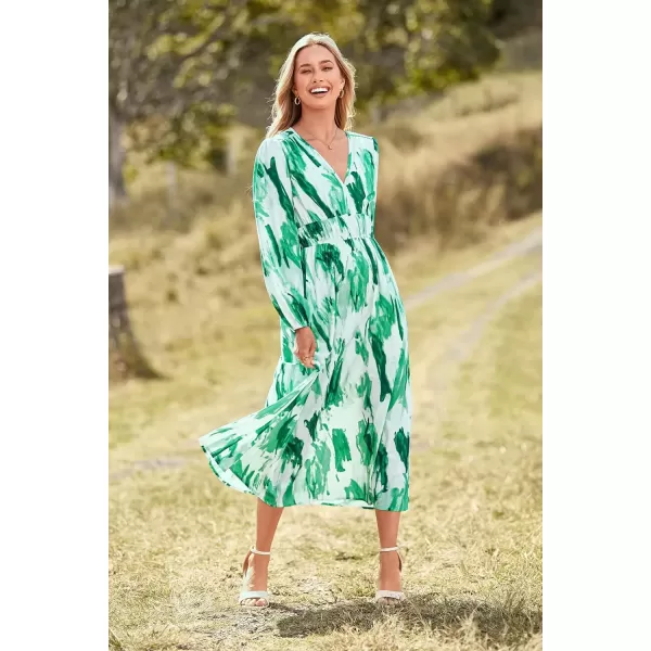 imagePRETTYGARDEN Womens 2024 Fall Boho Maxi Dress Casual Long Sleeve V Neck Printed Beach Long Flowy DressesGreen Watercolour