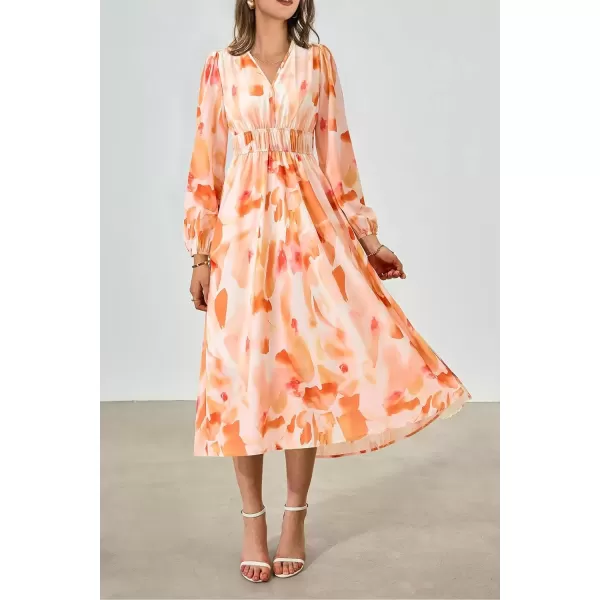 imagePRETTYGARDEN Womens 2024 Fall Boho Maxi Dress Casual Long Sleeve V Neck Printed Beach Long Flowy DressesOrange Floral