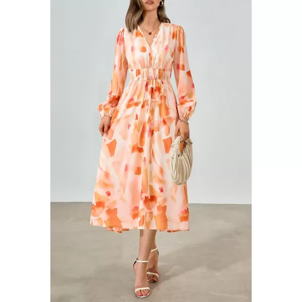 imagePRETTYGARDEN Womens 2024 Fall Boho Maxi Dress Casual Long Sleeve V Neck Printed Beach Long Flowy DressesOrange Floral