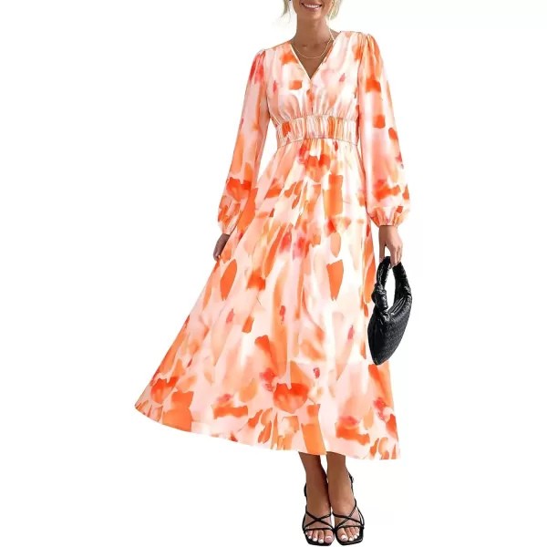 imagePRETTYGARDEN Womens 2024 Fall Boho Maxi Dress Casual Long Sleeve V Neck Printed Beach Long Flowy DressesOrange Floral