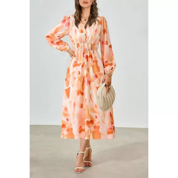 imagePRETTYGARDEN Womens 2024 Fall Boho Maxi Dress Casual Long Sleeve V Neck Printed Beach Long Flowy DressesOrange Floral