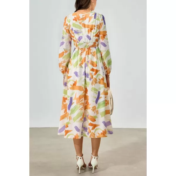 imagePRETTYGARDEN Womens 2024 Fall Boho Maxi Dress Casual Long Sleeve V Neck Printed Beach Long Flowy DressesOrange Purple Floral