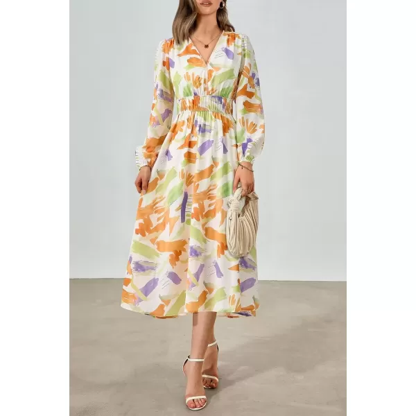 imagePRETTYGARDEN Womens 2024 Fall Boho Maxi Dress Casual Long Sleeve V Neck Printed Beach Long Flowy DressesOrange Purple Floral