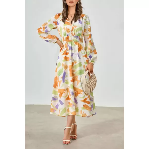 imagePRETTYGARDEN Womens 2024 Fall Boho Maxi Dress Casual Long Sleeve V Neck Printed Beach Long Flowy DressesOrange Purple Floral