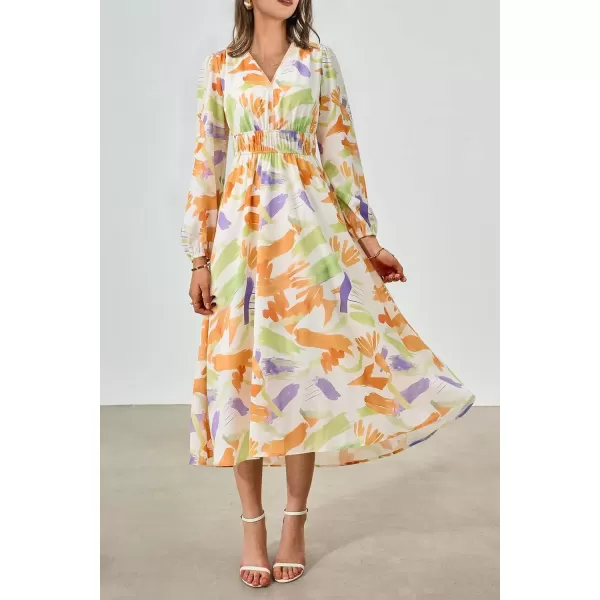imagePRETTYGARDEN Womens 2024 Fall Boho Maxi Dress Casual Long Sleeve V Neck Printed Beach Long Flowy DressesOrange Purple Floral