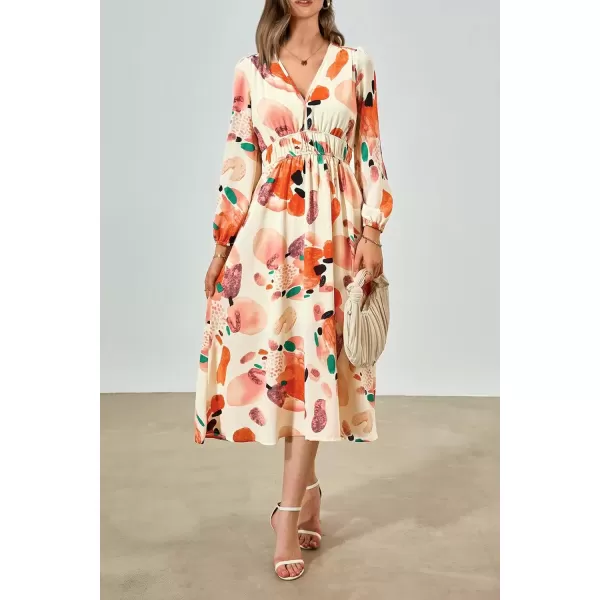 imagePRETTYGARDEN Womens 2024 Fall Boho Maxi Dress Casual Long Sleeve V Neck Printed Beach Long Flowy DressesOrange Watercolour