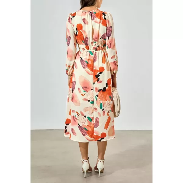 imagePRETTYGARDEN Womens 2024 Fall Boho Maxi Dress Casual Long Sleeve V Neck Printed Beach Long Flowy DressesOrange Watercolour