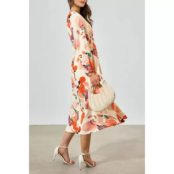 imagePRETTYGARDEN Womens 2024 Fall Boho Maxi Dress Casual Long Sleeve V Neck Printed Beach Long Flowy DressesOrange Watercolour