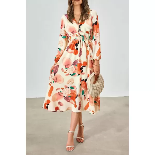 imagePRETTYGARDEN Womens 2024 Fall Boho Maxi Dress Casual Long Sleeve V Neck Printed Beach Long Flowy DressesOrange Watercolour