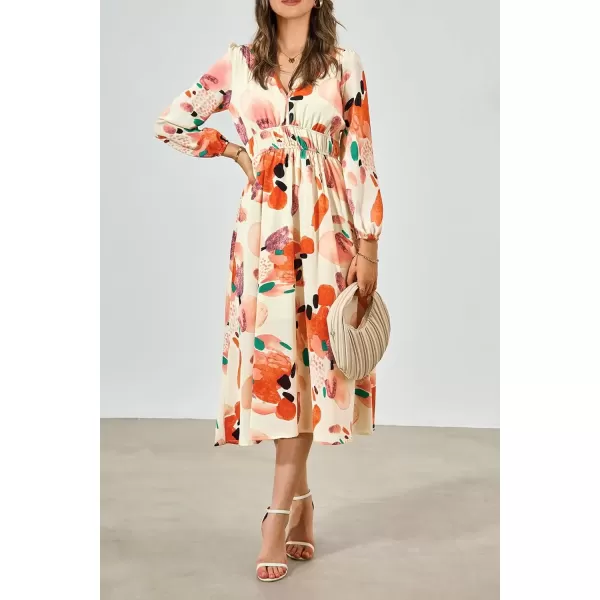 imagePRETTYGARDEN Womens 2024 Fall Boho Maxi Dress Casual Long Sleeve V Neck Printed Beach Long Flowy DressesOrange Watercolour