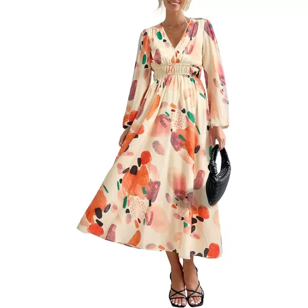 imagePRETTYGARDEN Womens 2024 Fall Boho Maxi Dress Casual Long Sleeve V Neck Printed Beach Long Flowy DressesOrange Watercolour