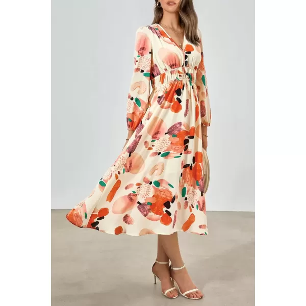 imagePRETTYGARDEN Womens 2024 Fall Boho Maxi Dress Casual Long Sleeve V Neck Printed Beach Long Flowy DressesOrange Watercolour
