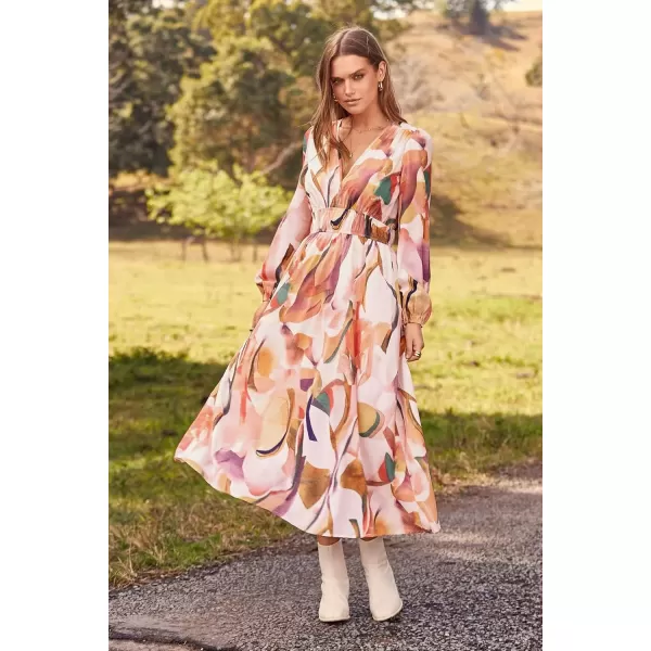 imagePRETTYGARDEN Womens 2024 Fall Boho Maxi Dress Casual Long Sleeve V Neck Printed Beach Long Flowy DressesPink Watercolour