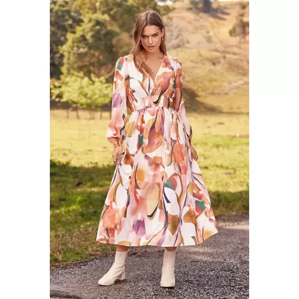 imagePRETTYGARDEN Womens 2024 Fall Boho Maxi Dress Casual Long Sleeve V Neck Printed Beach Long Flowy DressesPink Watercolour