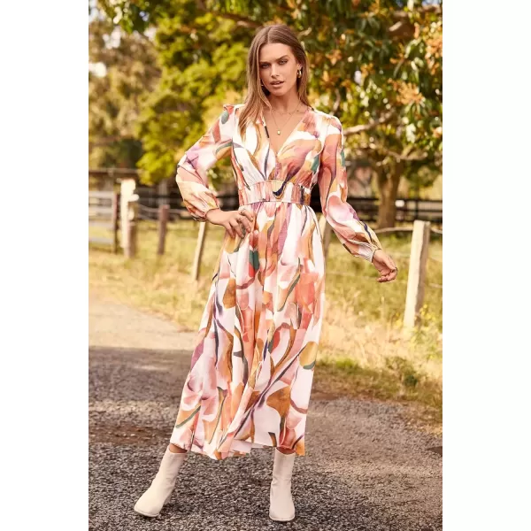 imagePRETTYGARDEN Womens 2024 Fall Boho Maxi Dress Casual Long Sleeve V Neck Printed Beach Long Flowy DressesPink Watercolour
