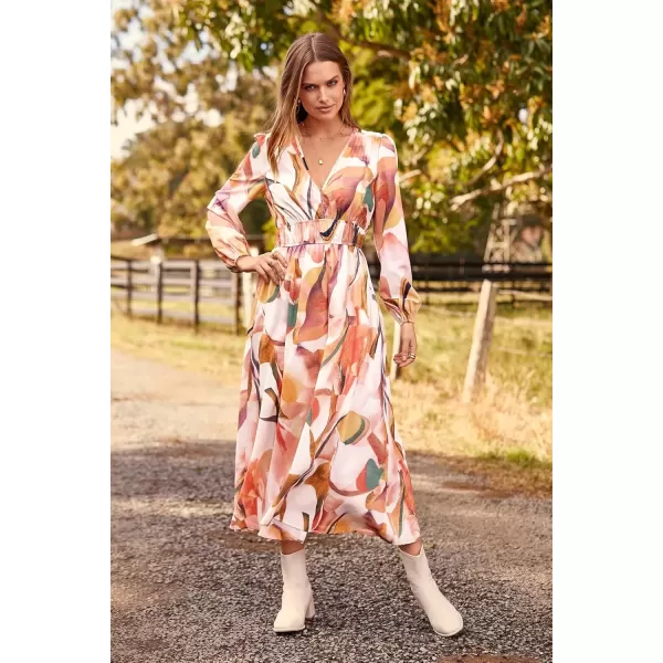 imagePRETTYGARDEN Womens 2024 Fall Boho Maxi Dress Casual Long Sleeve V Neck Printed Beach Long Flowy DressesPink Watercolour