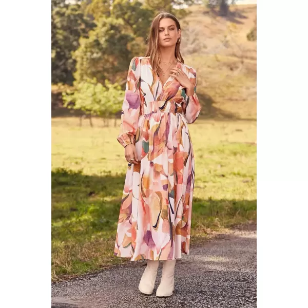 imagePRETTYGARDEN Womens 2024 Fall Boho Maxi Dress Casual Long Sleeve V Neck Printed Beach Long Flowy DressesPink Watercolour