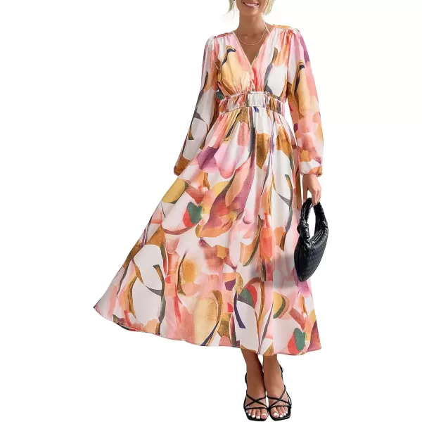 imagePRETTYGARDEN Womens 2024 Fall Boho Maxi Dress Casual Long Sleeve V Neck Printed Beach Long Flowy DressesPink Watercolour