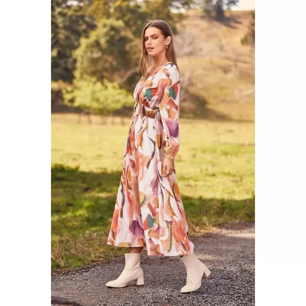 imagePRETTYGARDEN Womens 2024 Fall Boho Maxi Dress Casual Long Sleeve V Neck Printed Beach Long Flowy DressesPink Watercolour