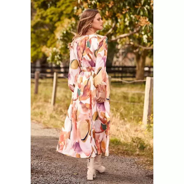 imagePRETTYGARDEN Womens 2024 Fall Boho Maxi Dress Casual Long Sleeve V Neck Printed Beach Long Flowy DressesPink Watercolour
