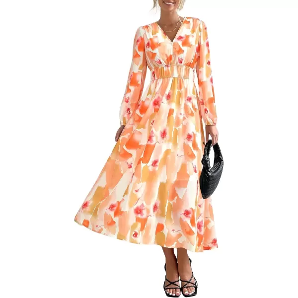 imagePRETTYGARDEN Womens 2024 Fall Boho Maxi Dress Casual Long Sleeve V Neck Printed Beach Long Flowy DressesRed Floral