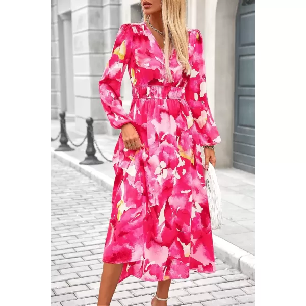 imagePRETTYGARDEN Womens 2024 Fall Boho Maxi Dress Casual Long Sleeve V Neck Printed Beach Long Flowy DressesRose Pink Watercolour