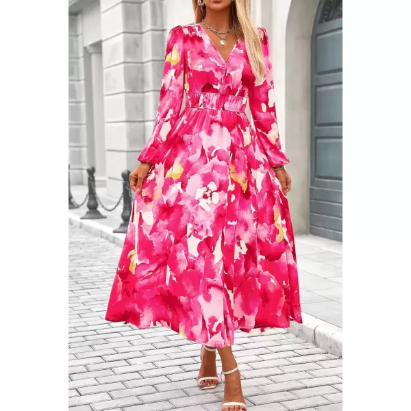 imagePRETTYGARDEN Womens 2024 Fall Boho Maxi Dress Casual Long Sleeve V Neck Printed Beach Long Flowy DressesRose Pink Watercolour