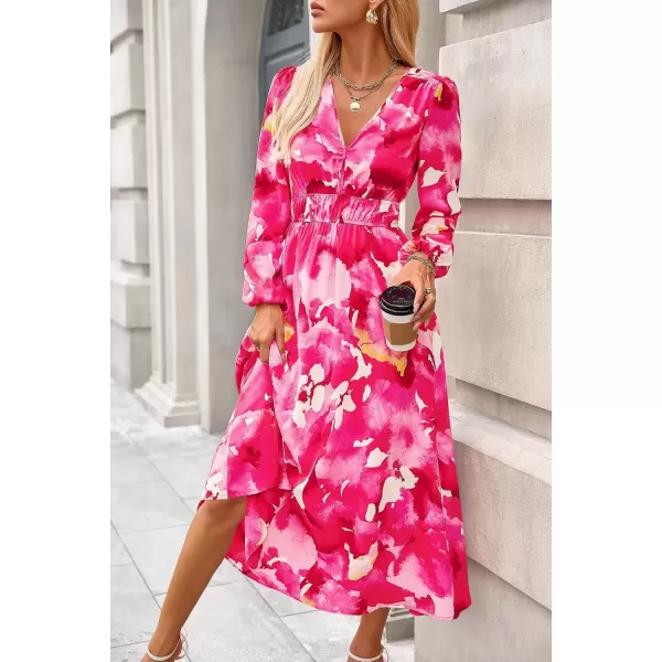 imagePRETTYGARDEN Womens 2024 Fall Boho Maxi Dress Casual Long Sleeve V Neck Printed Beach Long Flowy DressesRose Pink Watercolour