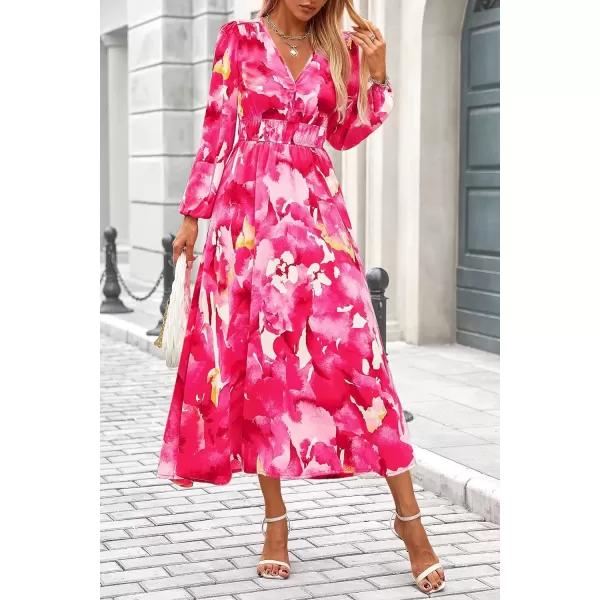 imagePRETTYGARDEN Womens 2024 Fall Boho Maxi Dress Casual Long Sleeve V Neck Printed Beach Long Flowy DressesRose Pink Watercolour