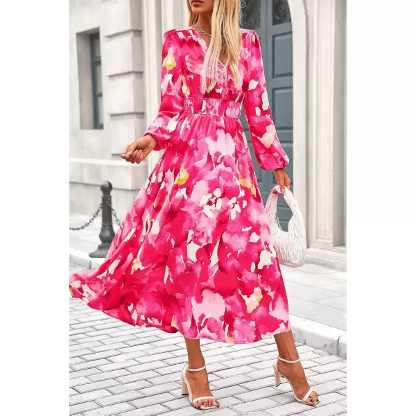 imagePRETTYGARDEN Womens 2024 Fall Boho Maxi Dress Casual Long Sleeve V Neck Printed Beach Long Flowy DressesRose Pink Watercolour