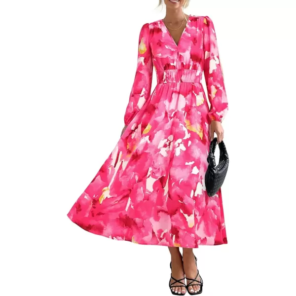 imagePRETTYGARDEN Womens 2024 Fall Boho Maxi Dress Casual Long Sleeve V Neck Printed Beach Long Flowy DressesRose Pink Watercolour