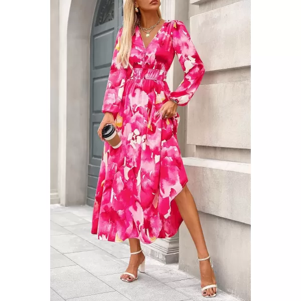 imagePRETTYGARDEN Womens 2024 Fall Boho Maxi Dress Casual Long Sleeve V Neck Printed Beach Long Flowy DressesRose Pink Watercolour