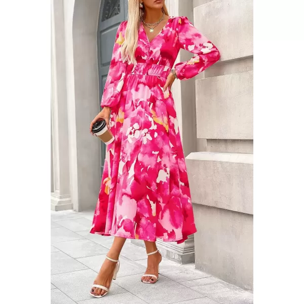imagePRETTYGARDEN Womens 2024 Fall Boho Maxi Dress Casual Long Sleeve V Neck Printed Beach Long Flowy DressesRose Pink Watercolour