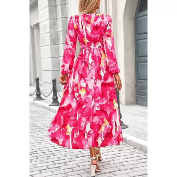 imagePRETTYGARDEN Womens 2024 Fall Boho Maxi Dress Casual Long Sleeve V Neck Printed Beach Long Flowy DressesRose Pink Watercolour