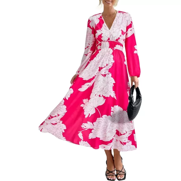 imagePRETTYGARDEN Womens 2024 Fall Boho Maxi Dress Casual Long Sleeve V Neck Printed Beach Long Flowy DressesRose Red Floral