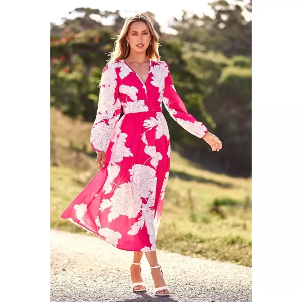 imagePRETTYGARDEN Womens 2024 Fall Boho Maxi Dress Casual Long Sleeve V Neck Printed Beach Long Flowy DressesRose Red Floral
