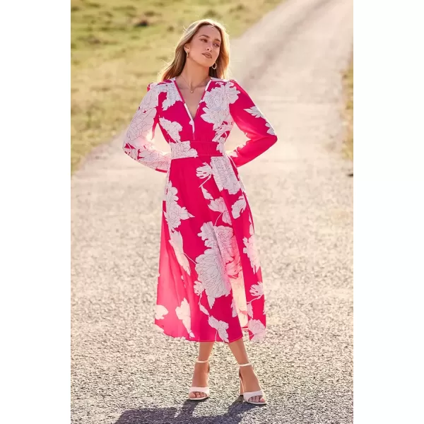 imagePRETTYGARDEN Womens 2024 Fall Boho Maxi Dress Casual Long Sleeve V Neck Printed Beach Long Flowy DressesRose Red Floral