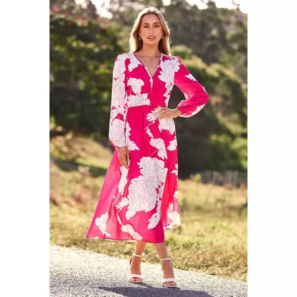 imagePRETTYGARDEN Womens 2024 Fall Boho Maxi Dress Casual Long Sleeve V Neck Printed Beach Long Flowy DressesRose Red Floral