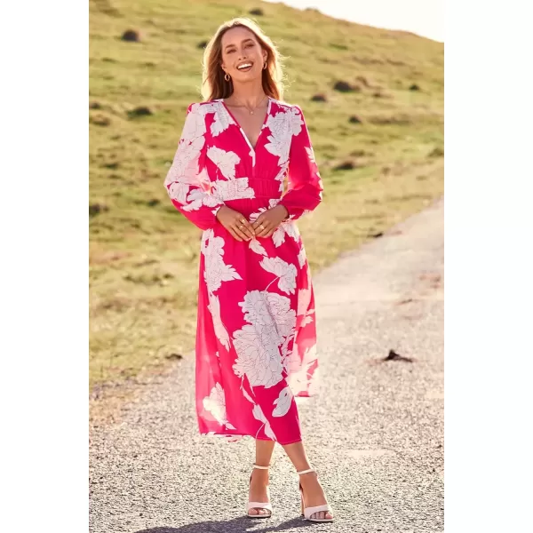 imagePRETTYGARDEN Womens 2024 Fall Boho Maxi Dress Casual Long Sleeve V Neck Printed Beach Long Flowy DressesRose Red Floral