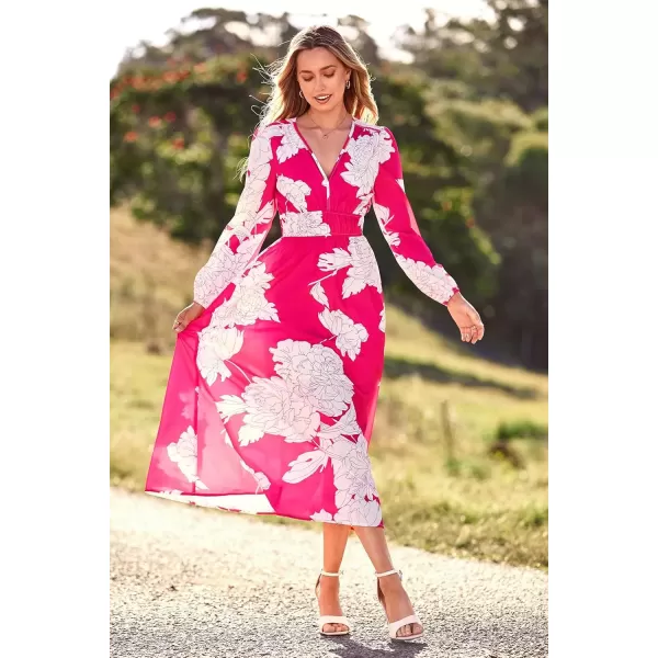 imagePRETTYGARDEN Womens 2024 Fall Boho Maxi Dress Casual Long Sleeve V Neck Printed Beach Long Flowy DressesRose Red Floral